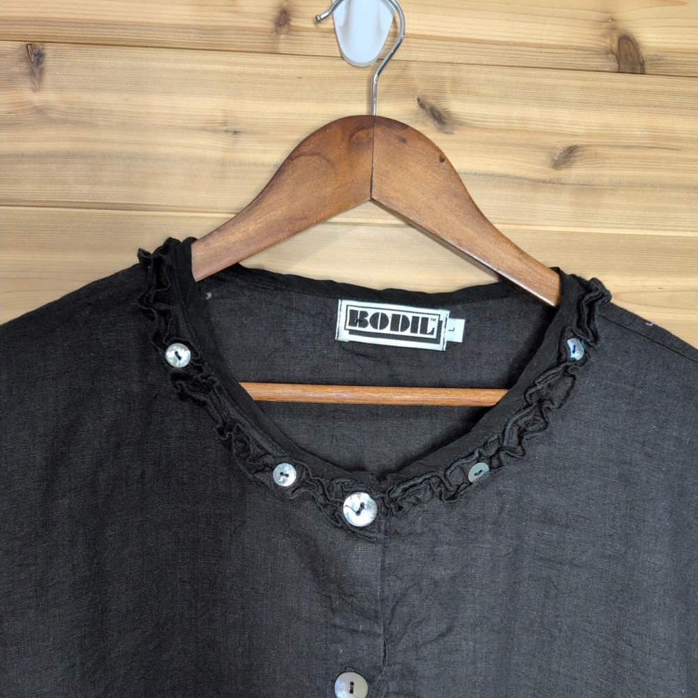 Bodil Womens Black Linen Ruffle Shell Button Top Lagenlook Blouse Size L - Picture 2 of 8